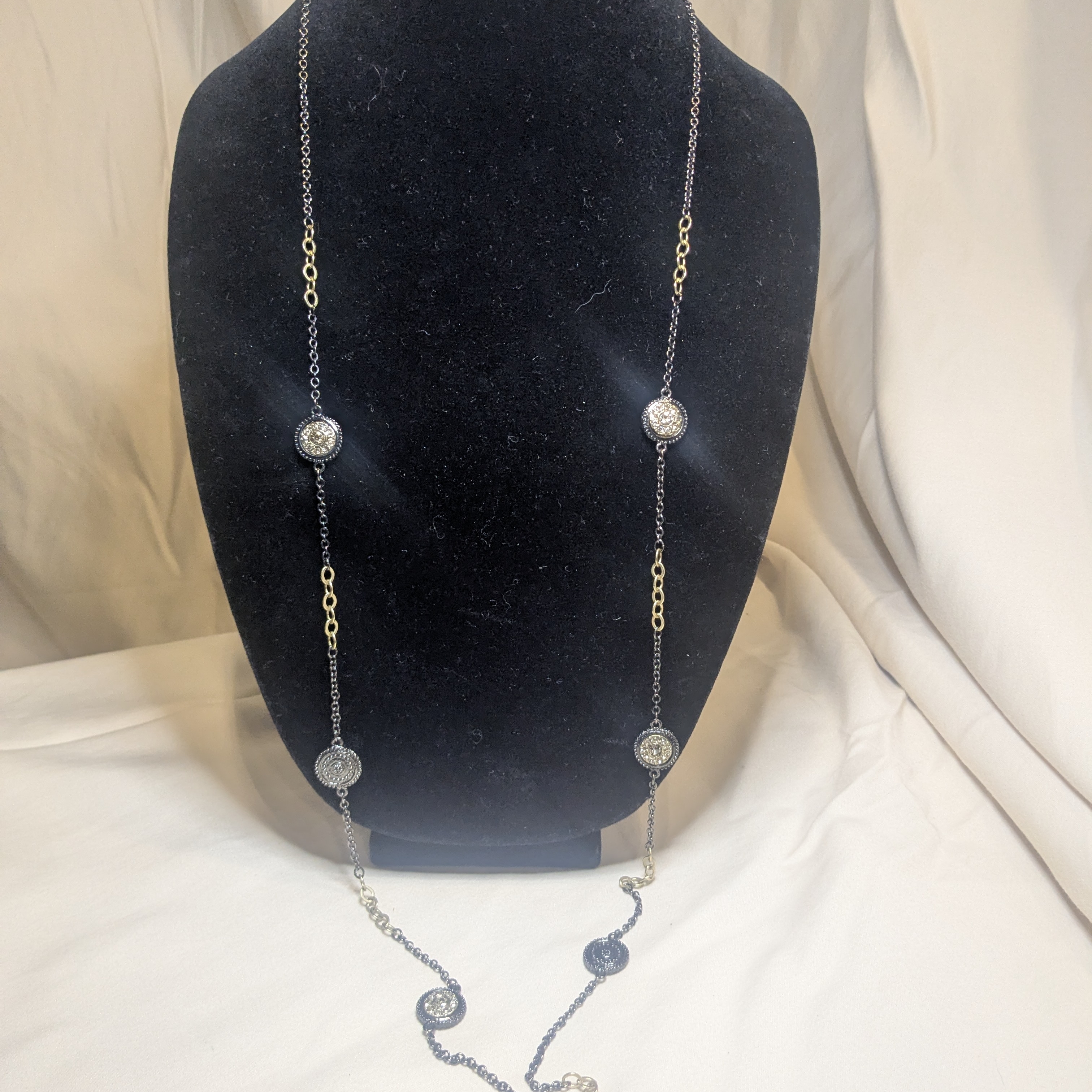 Chicos Gunmetal And Gold Long Necklace 15$